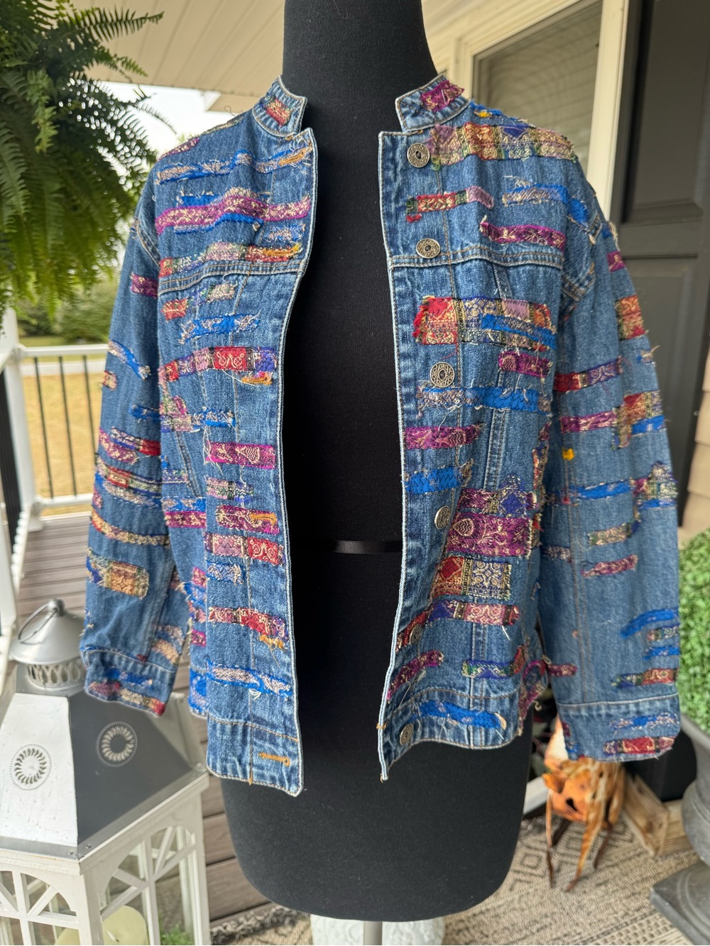 Chico's Blue Denim Jacket with Multicolor Ribbon Accents